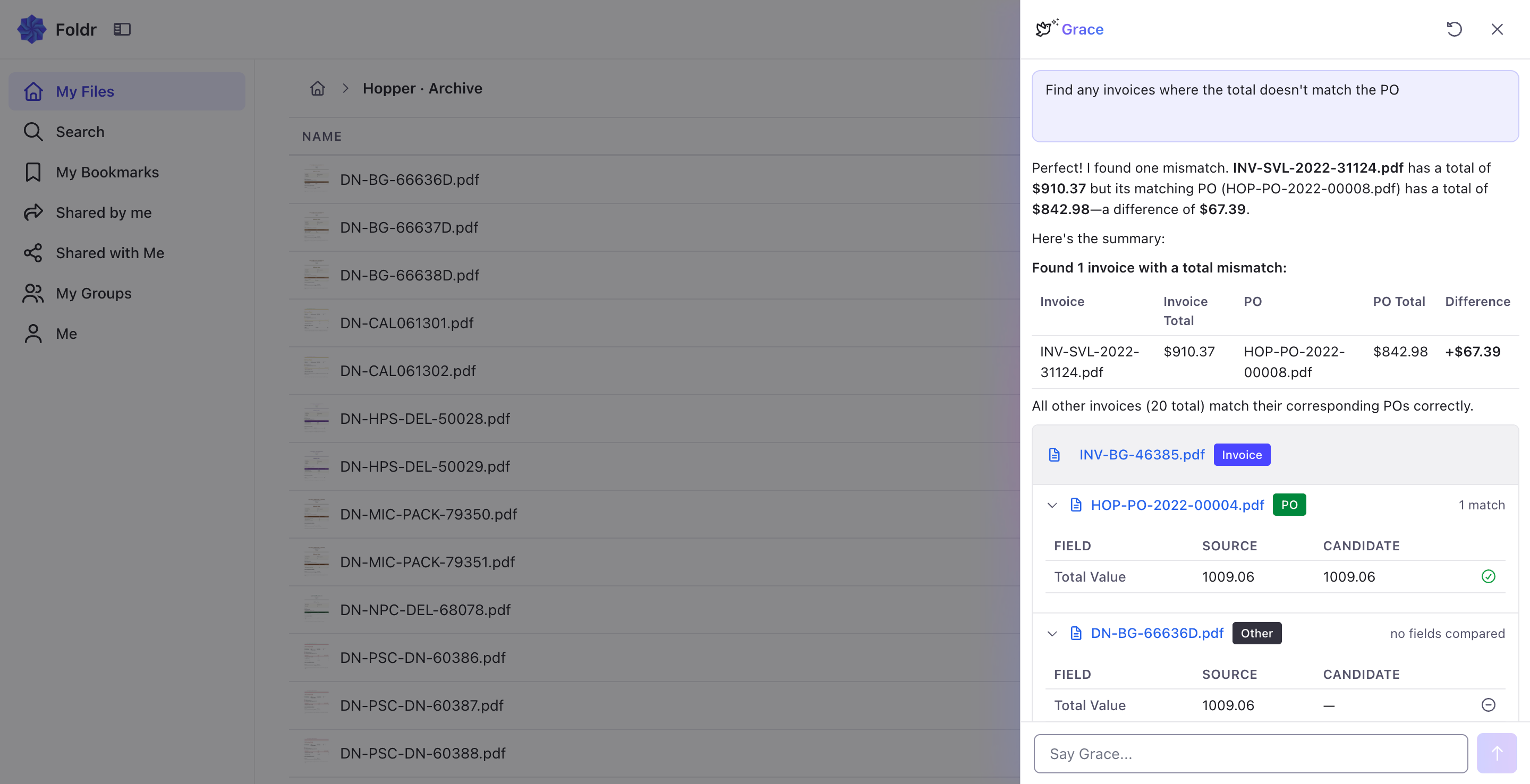 Grace reconciling a Hopper Distribution purchase order against an invoice and surfacing a total mismatch