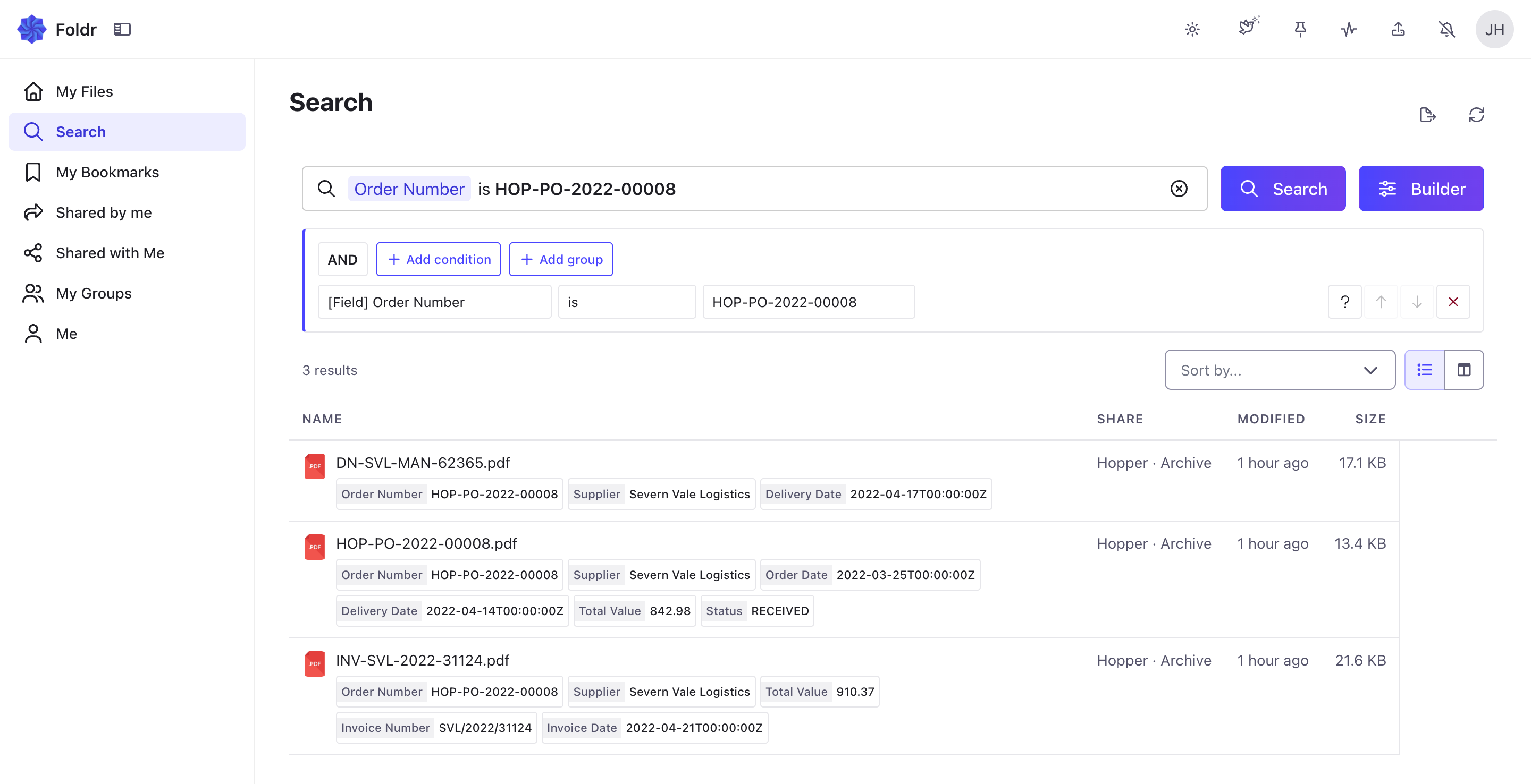 Foldr search results page returning matching files across multiple shares for a single query