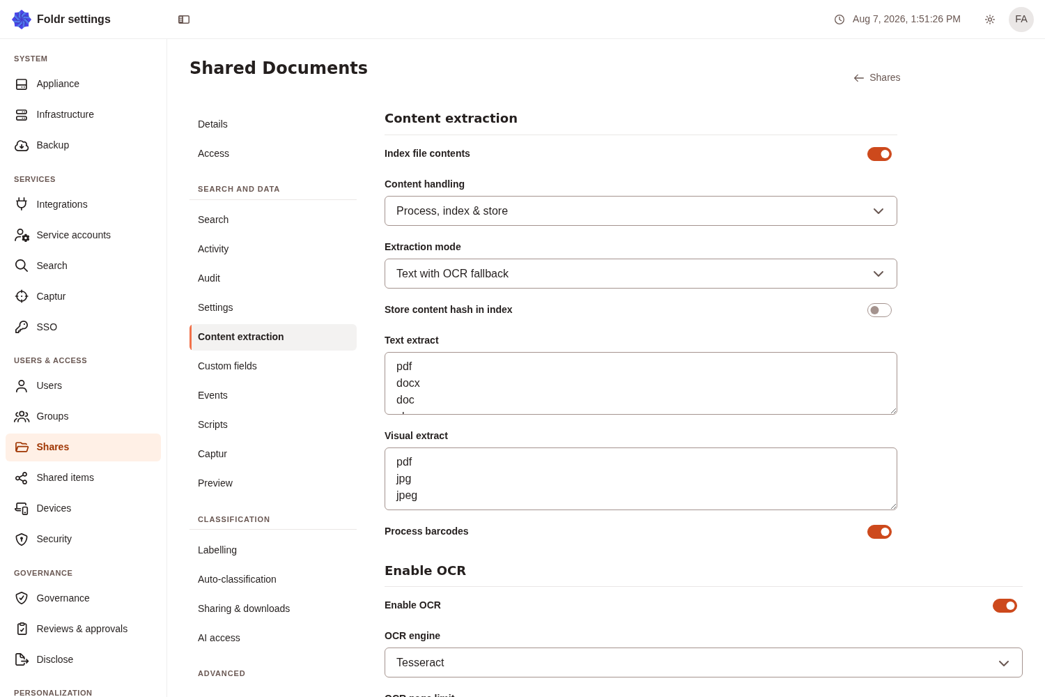 The Content extraction page, showing text extract, visual extract and the OCR settings
