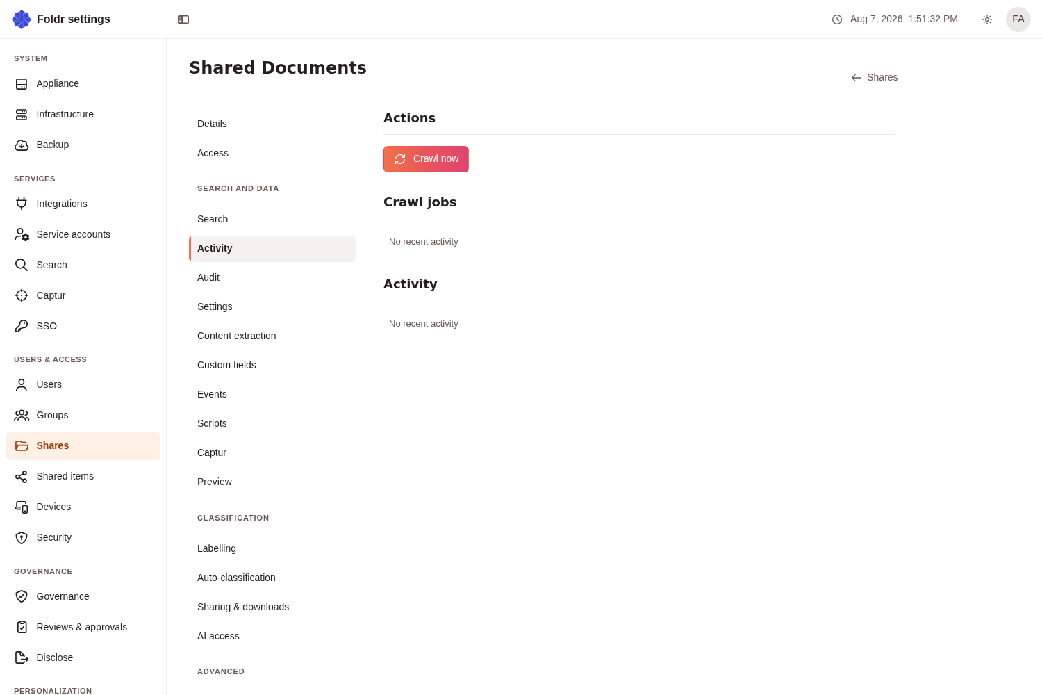 The Activity page of a share, showing the Crawl now button and the crawl jobs list