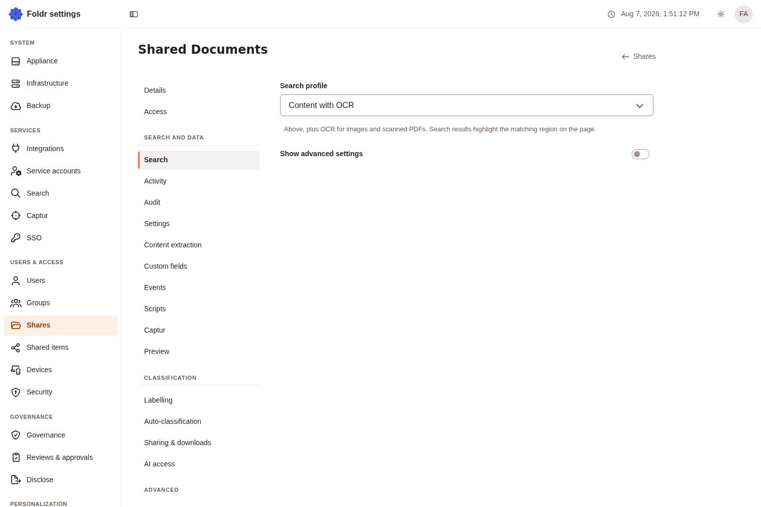 The Search page of a share, with the Search profile set to Content with OCR