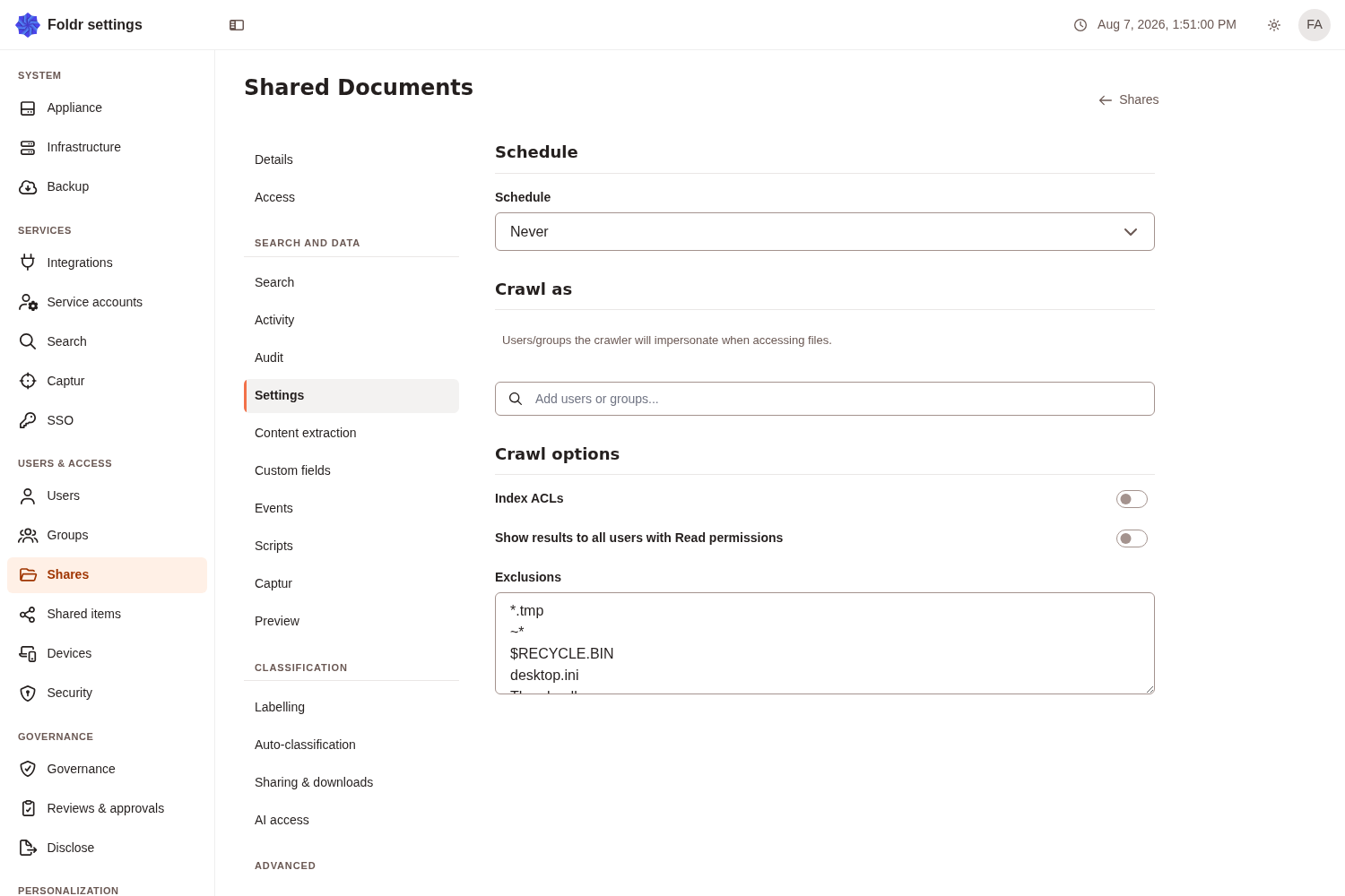 The share Settings page, showing the crawl schedule, Crawl as, Index ACLs and exclusions