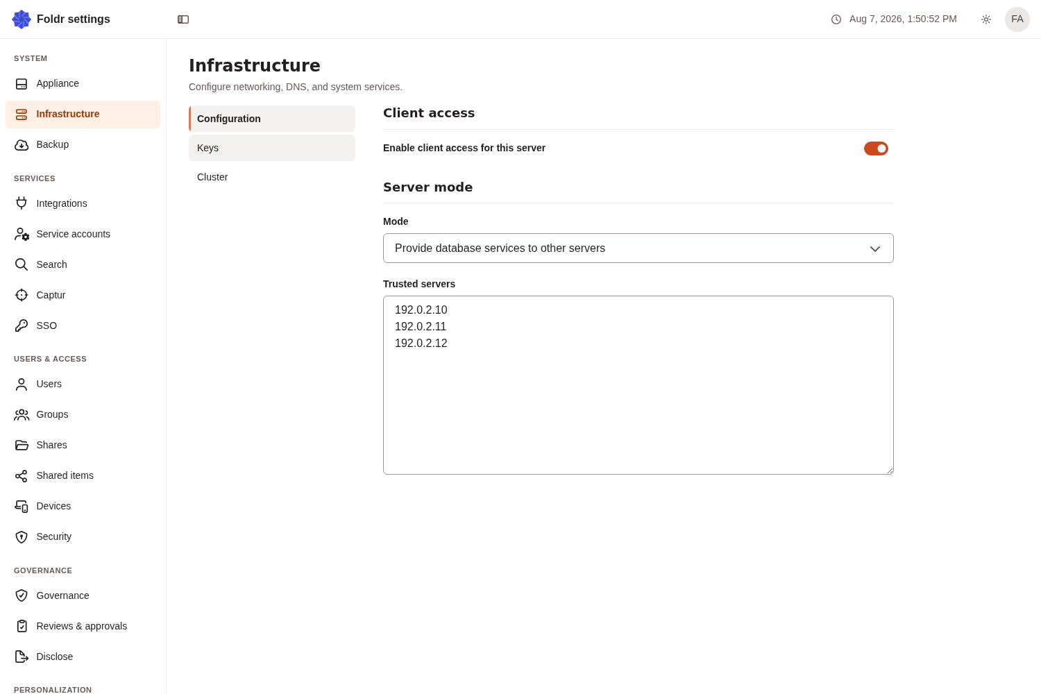 The Infrastructure Configuration page, showing Server mode and the trusted servers list