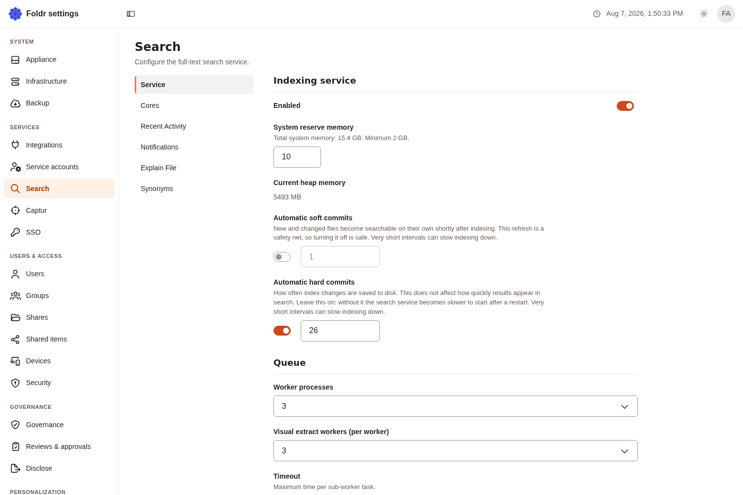 The Search Service page, showing the indexing service switch, memory settings and queue workers