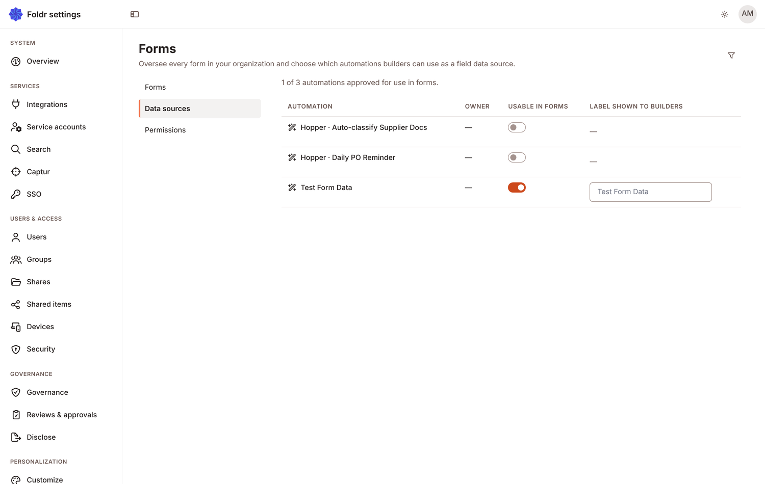 The Data sources tab of Forms in Foldr Settings, listing three automations with one switched on as usable in forms