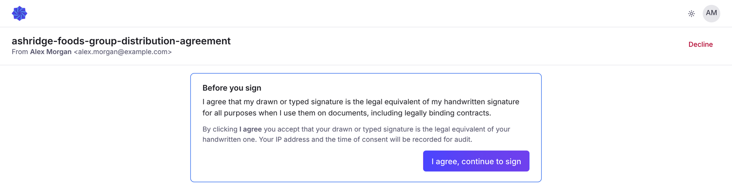 The Before you sign panel a signer sees first, with the consent wording and the I agree, continue to sign button
