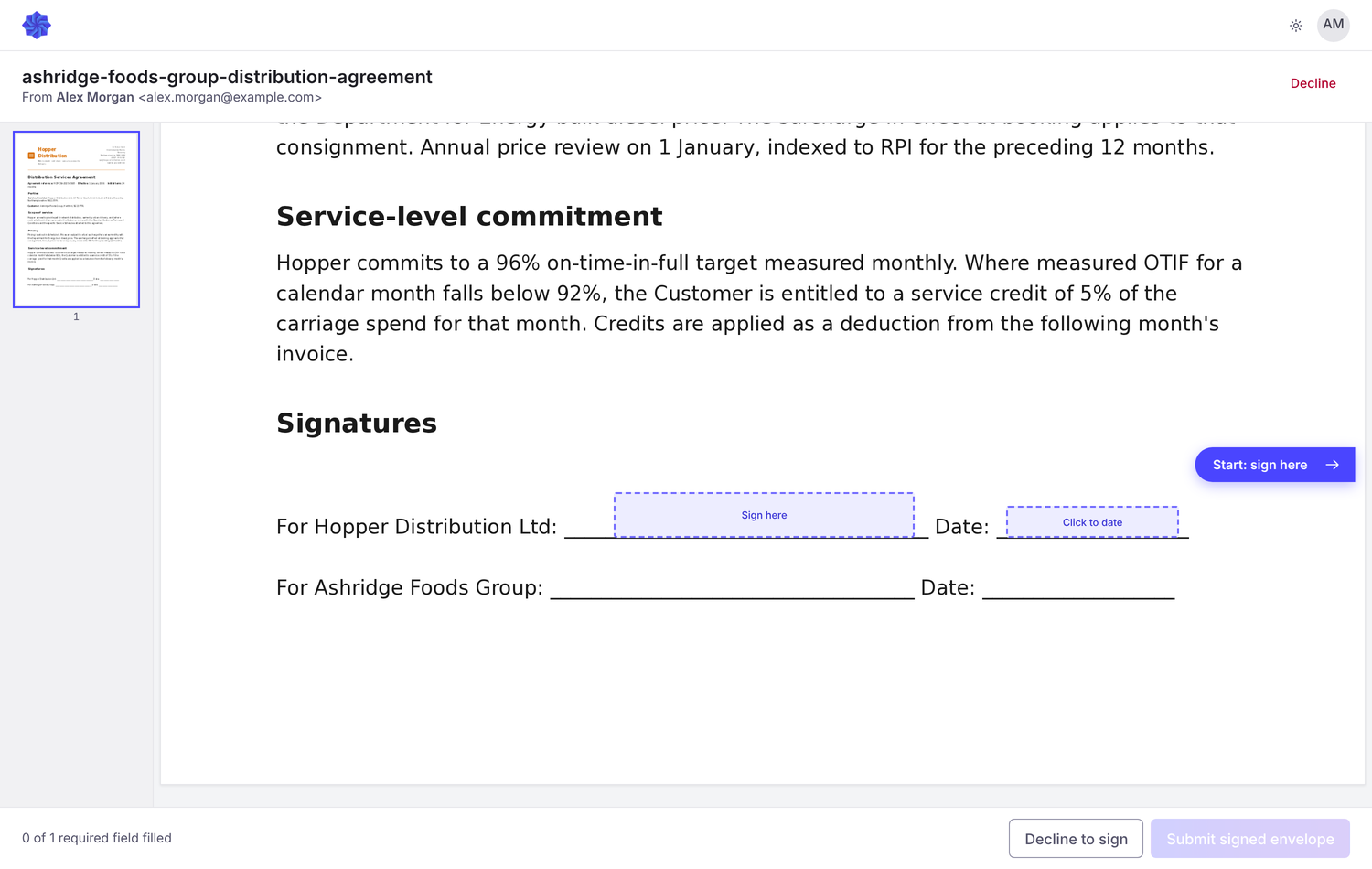 The signing page, with Sign here and Click to date boxes on the signature line and a Start: sign here button